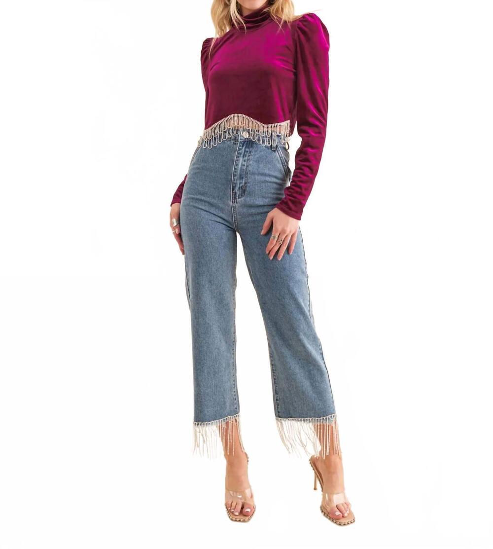 NEW BLUE B high waist straight cut rhinestone fringe jeans in med wash